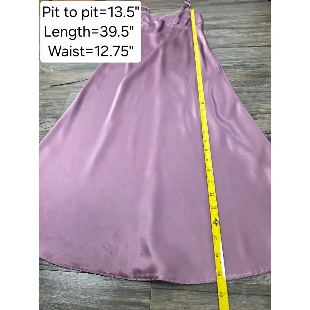 Vera Mauve Satin Lace-Up Back Midi Dress M Coquette Minimalist Slip Bridesmaid - Picture 9 of 11